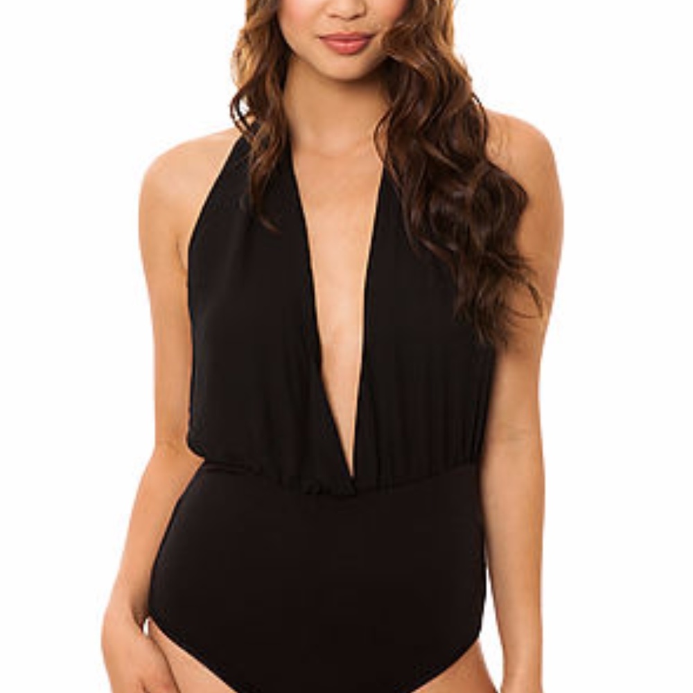 Black Halter Neck Plunge Bodysuit - Medium